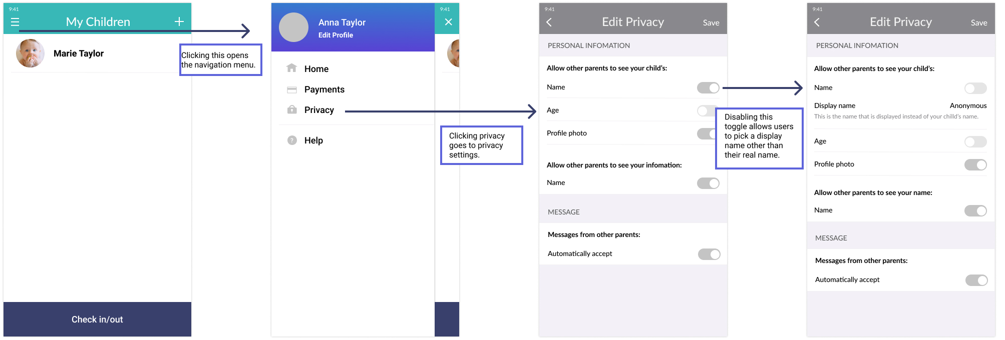 mid-fidelity wireframes privacy setting