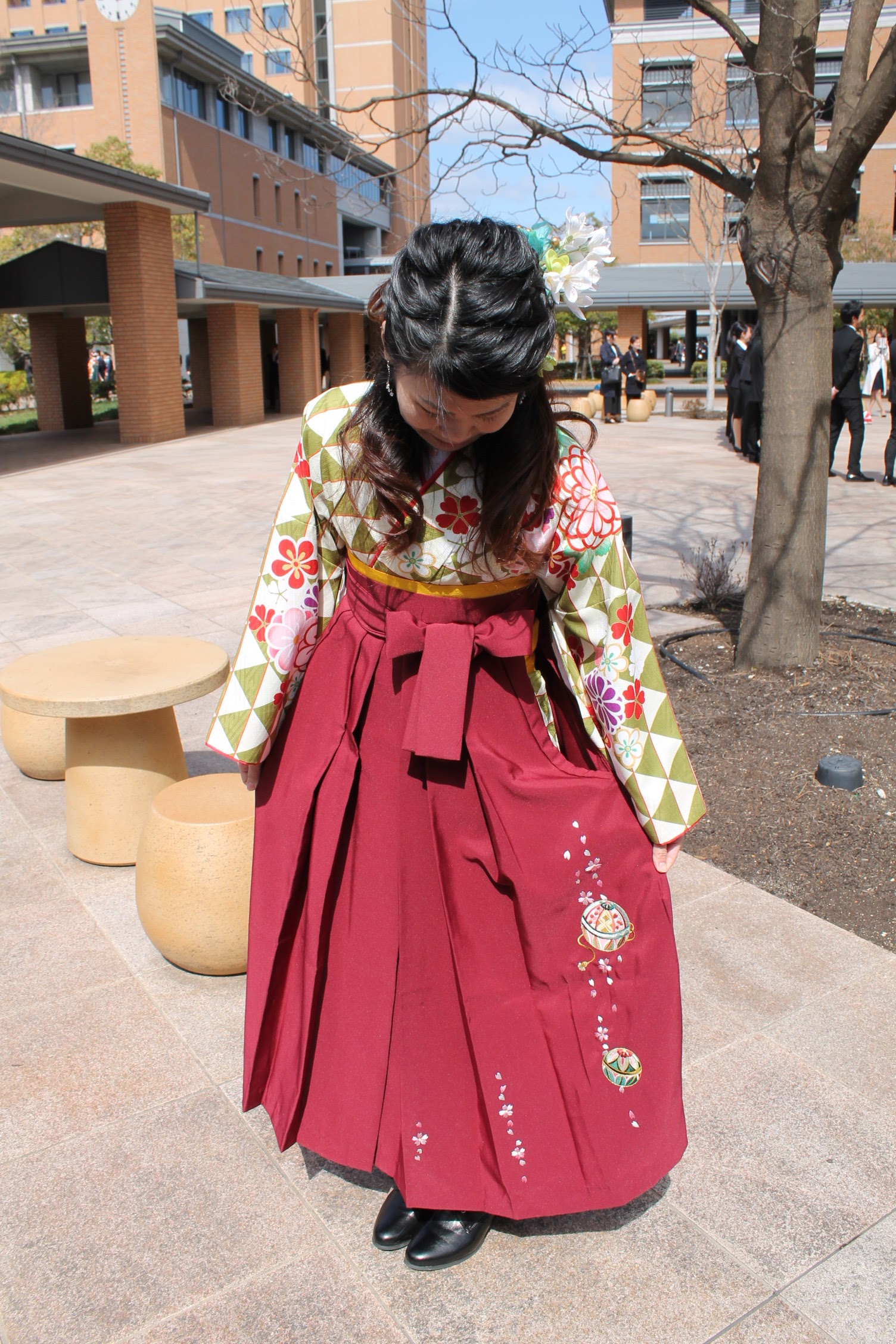 Kotomi wearing a Hakama, Japanese traditional clothes, for her graduation