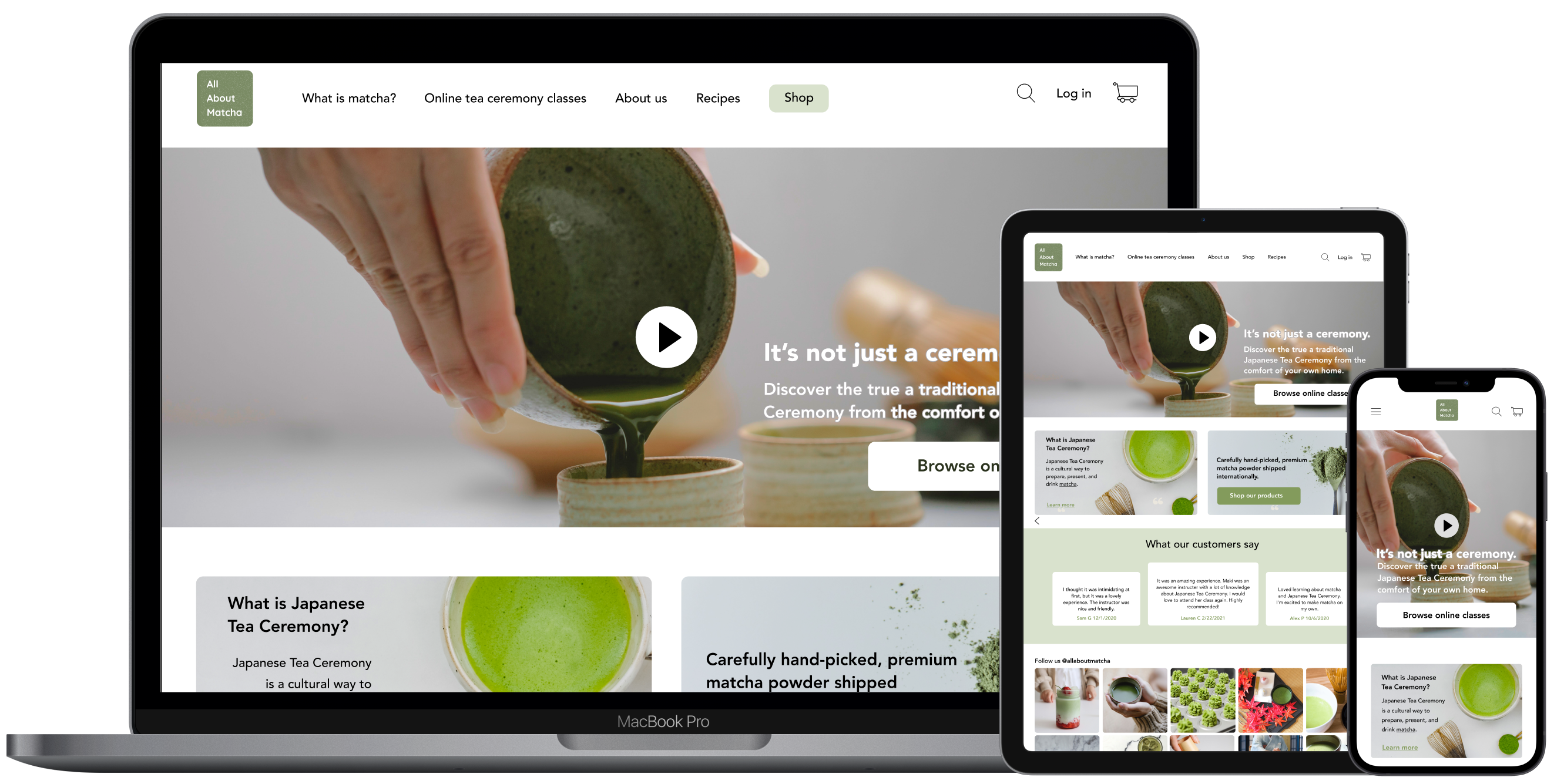 All about matcha responsive website mock up screens