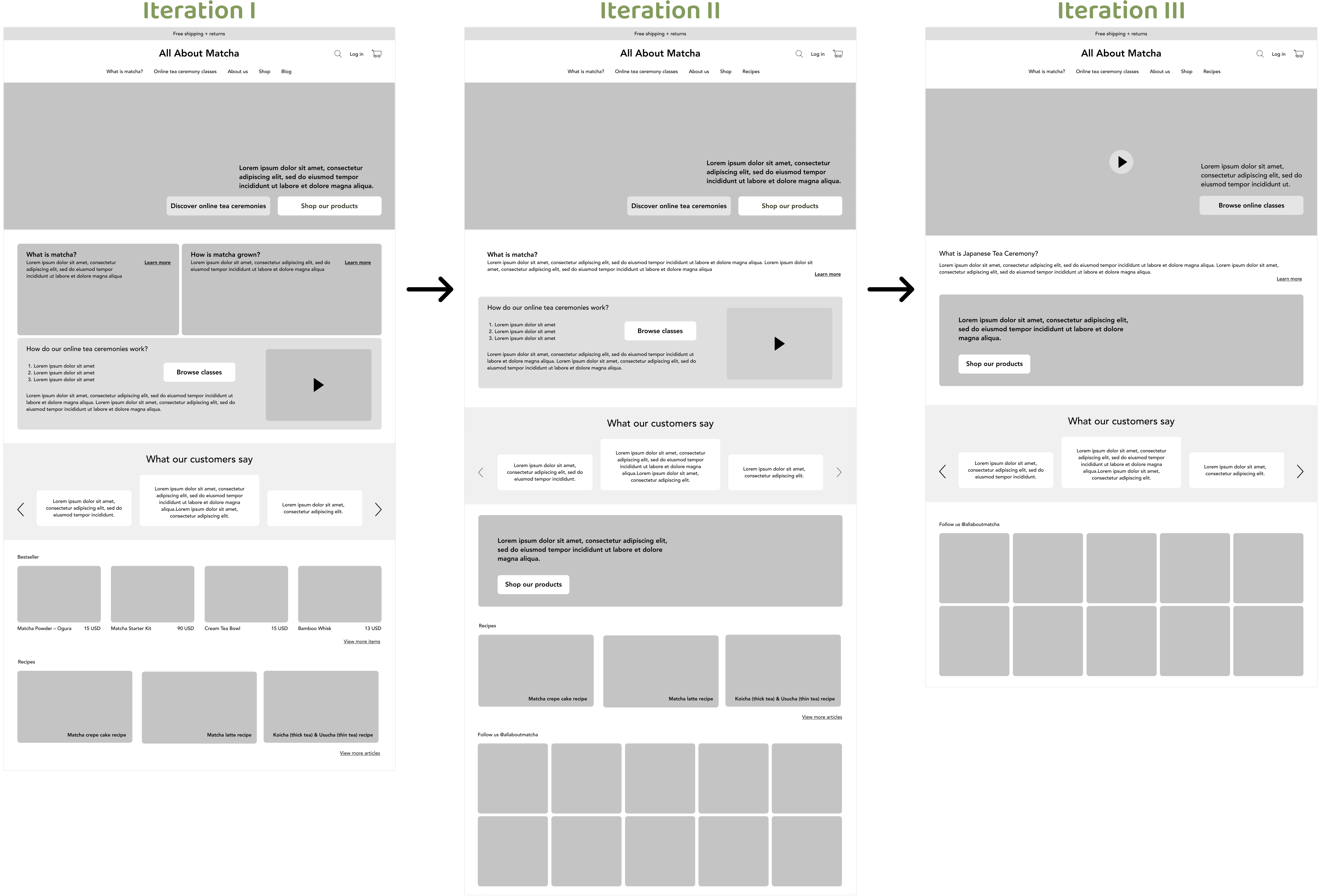 Wireframes main page 3 iterations